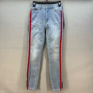 Tommy Jeans Women's 0/25 Light Blue Red Blue Tuxedo Stripes 90s Preppy Jeggings
